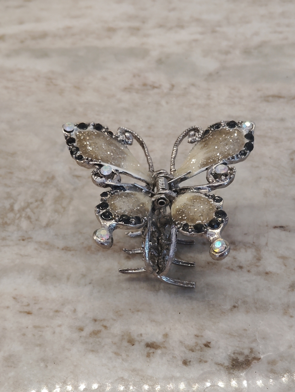 Silver Butterfly Hair Clip with Cream and Black Accents